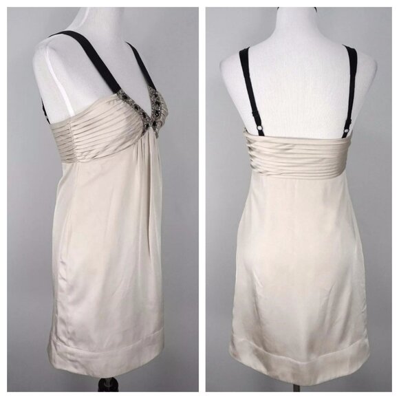 BCBG MAX AZRIA Beige Black Sequin Rhinestone V-Neck Pleated Formal Dress Size 4 - Picture 2 of 3